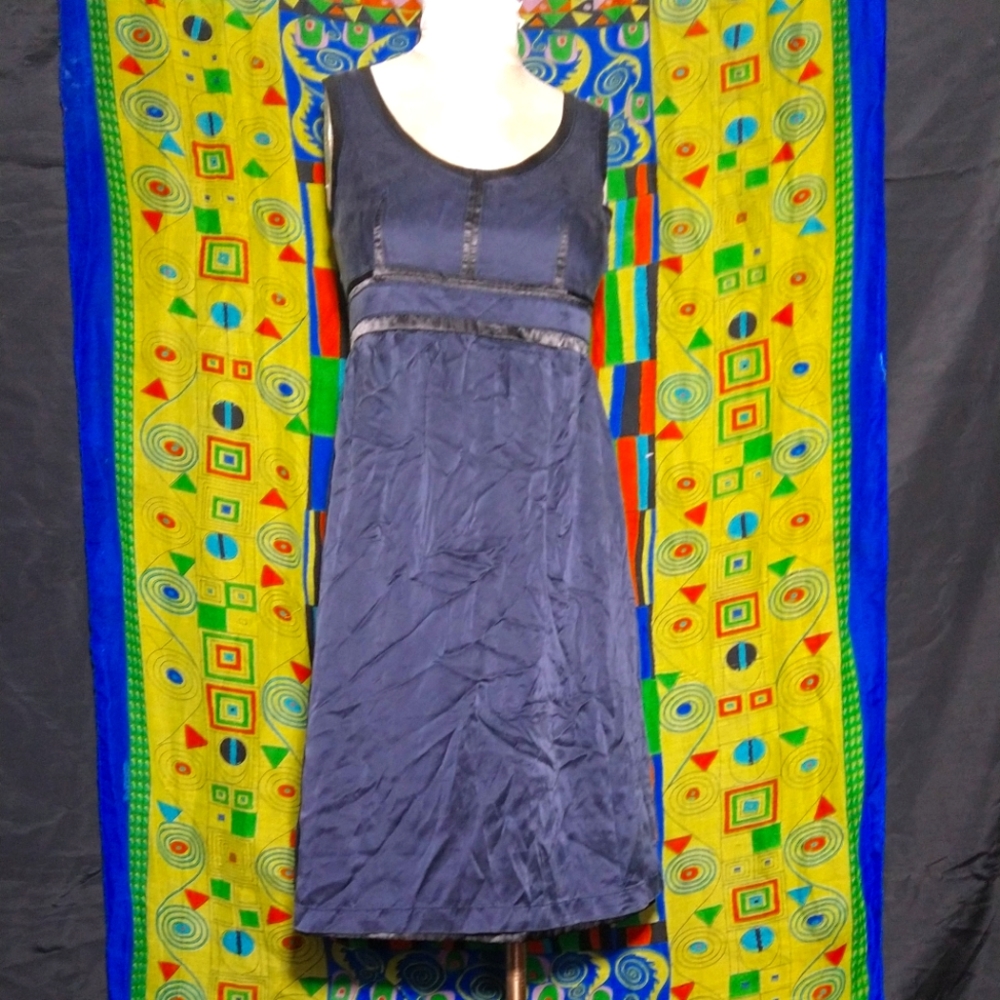 Proenza Schouler For Target 100% Silk Navy Blue Black Empire Waist  Midi Dress.